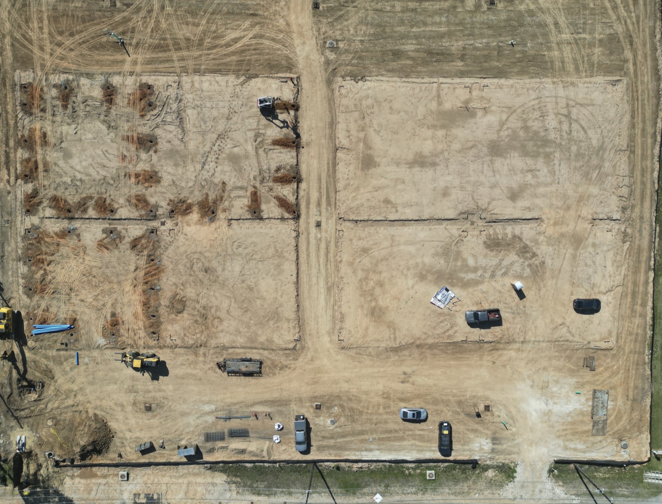 Top-down view of commercial foundation layout and site preparation