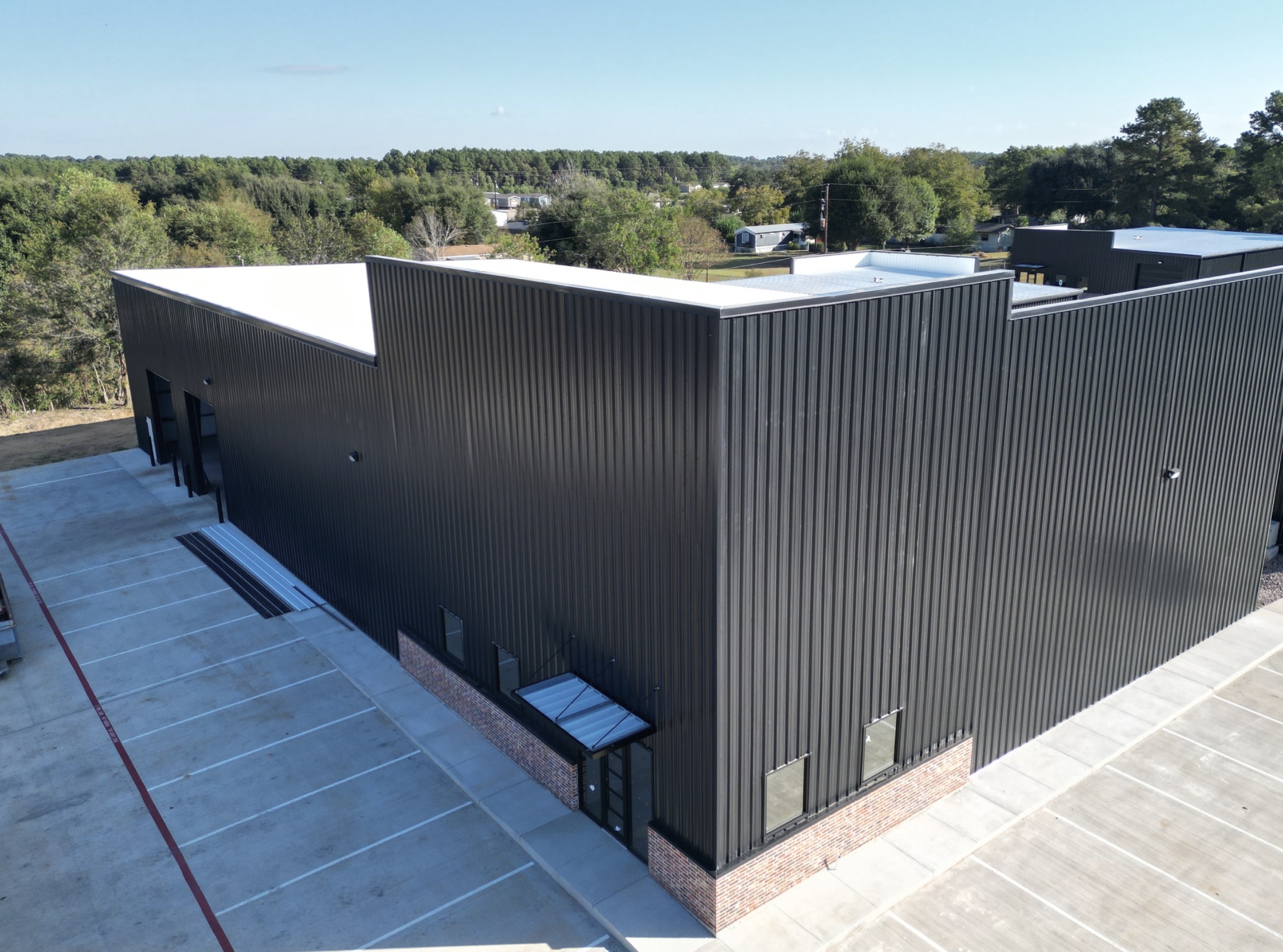 Aerial view of completed commercial metal building